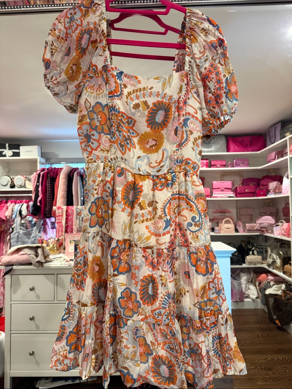 1. State Floral Puff-Sleeve Mini Dress in Cream, Orange and Blue